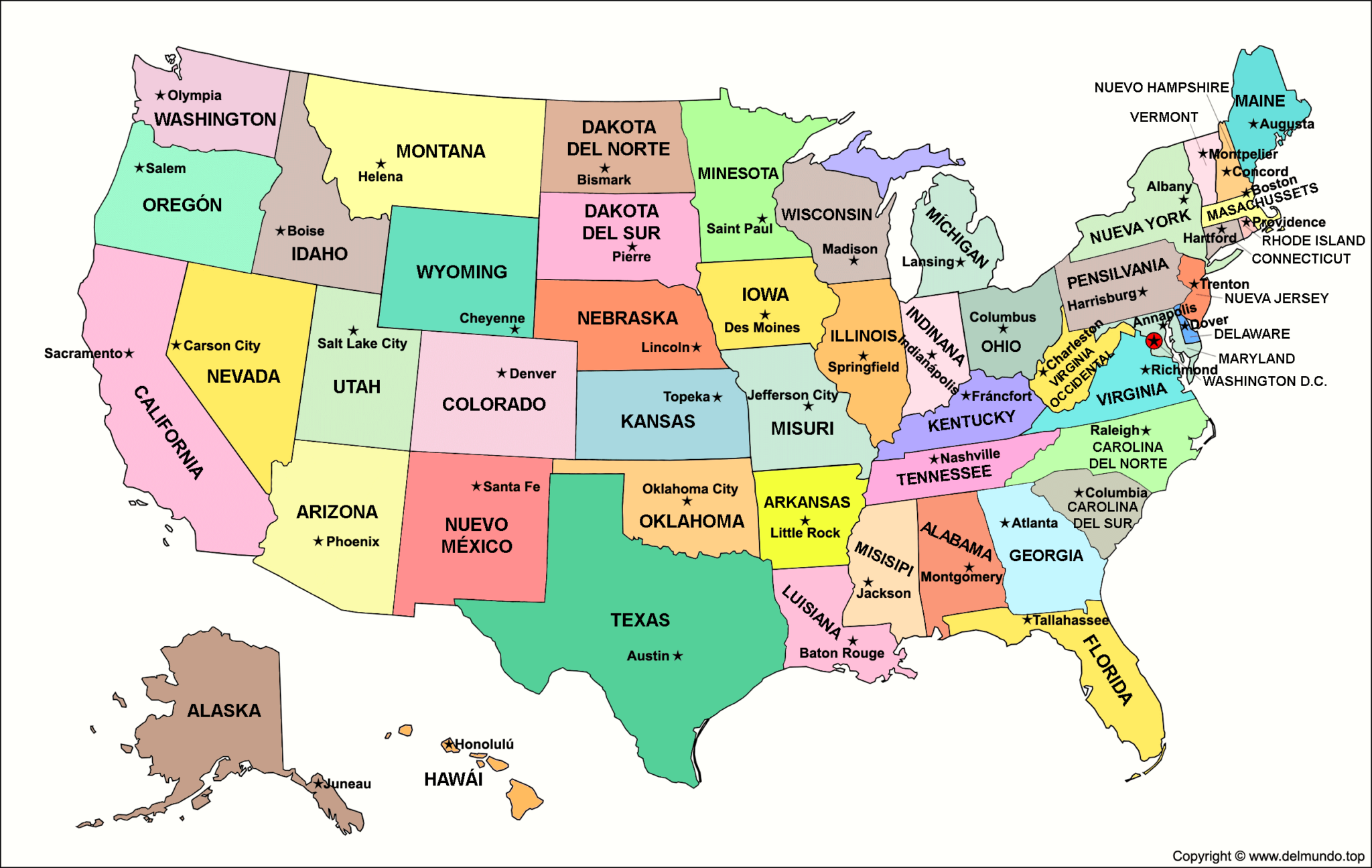 Mapa De Estados Unidos - Estados Y Capitales (Político Y Físico)