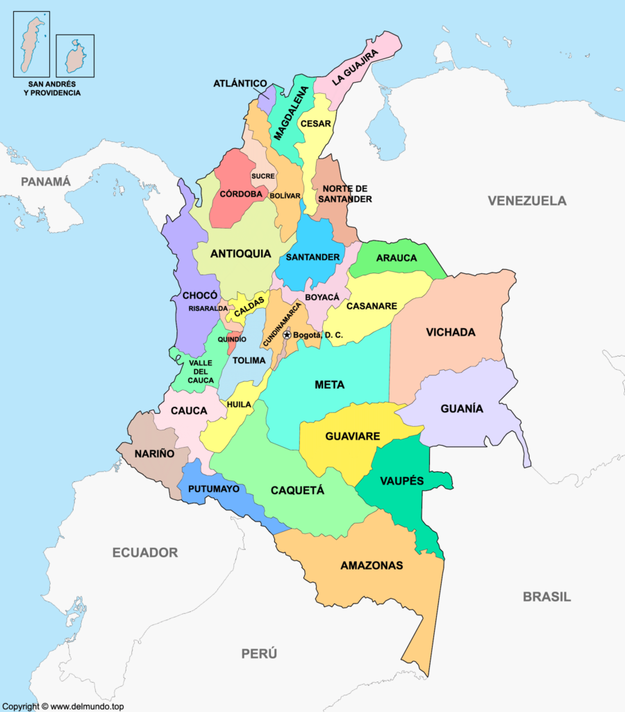 Mapa De Colombia: Político Y Físico (Departamentos Y Regiones)